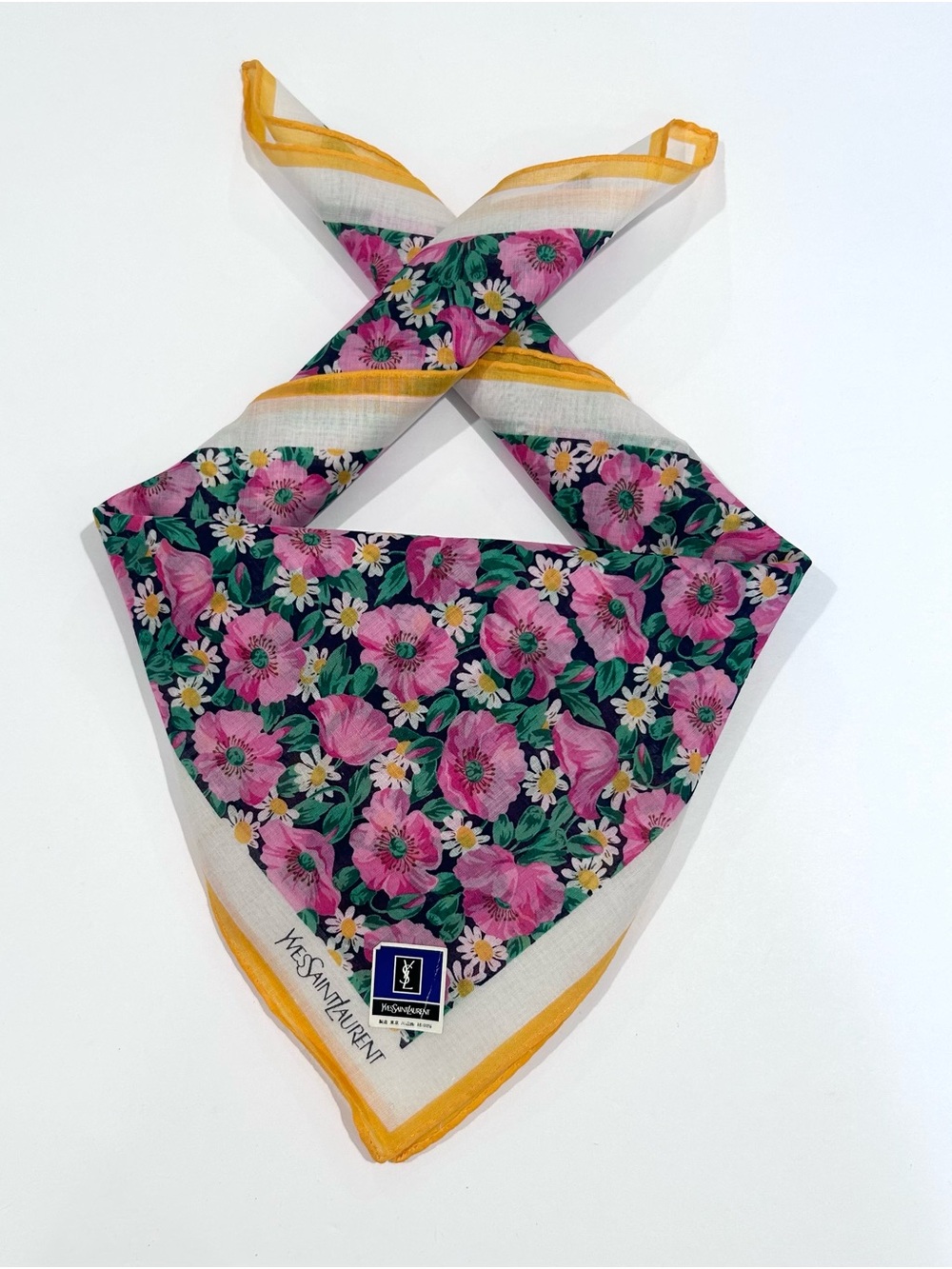 NWT WOMEN HANDKERCHIEF YSL Floral Pink Yellow COTTON POCKET SQUARE 18”